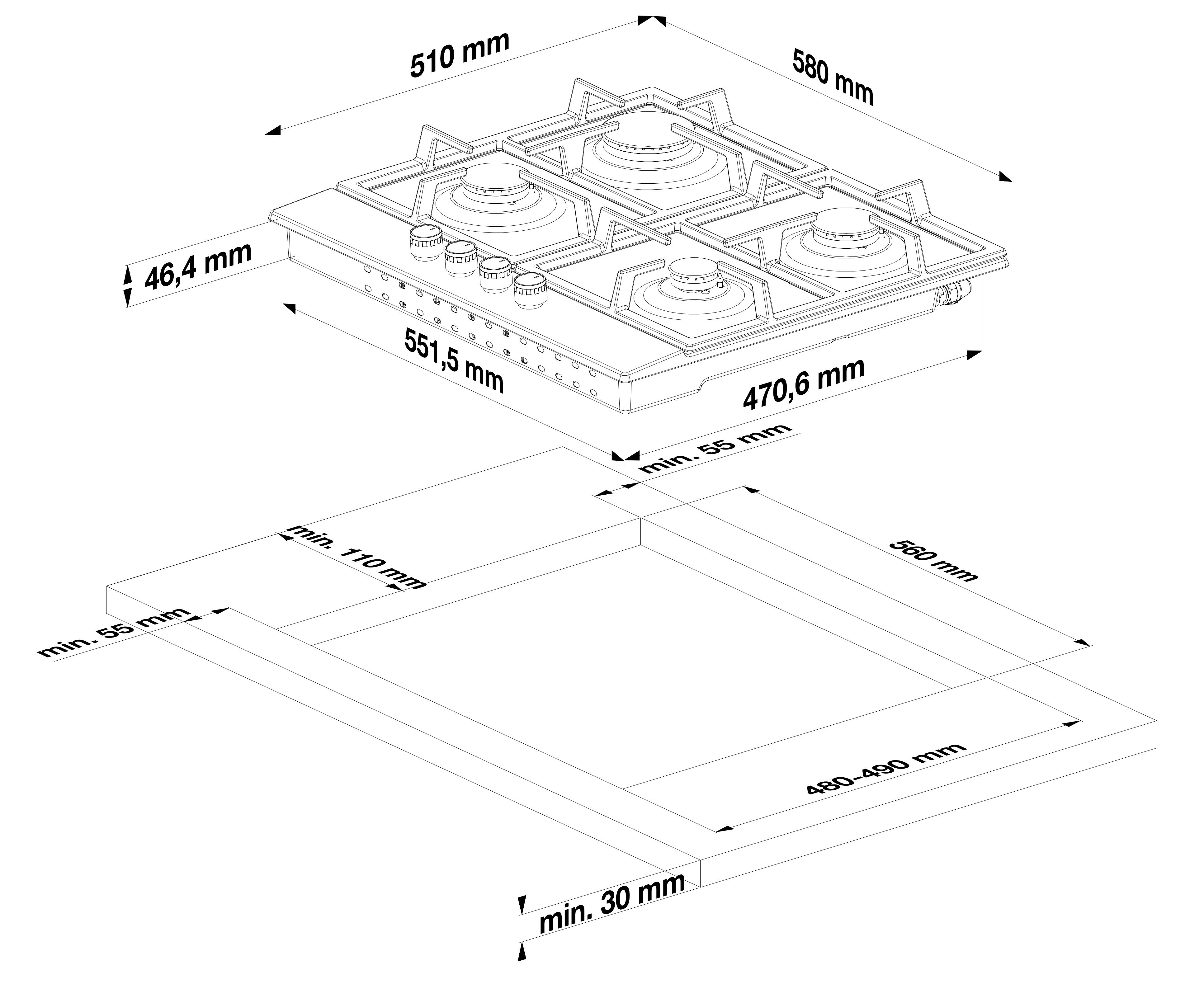 Schemat wymiarów płyty gazowej, w tym szczegóły instalacji.