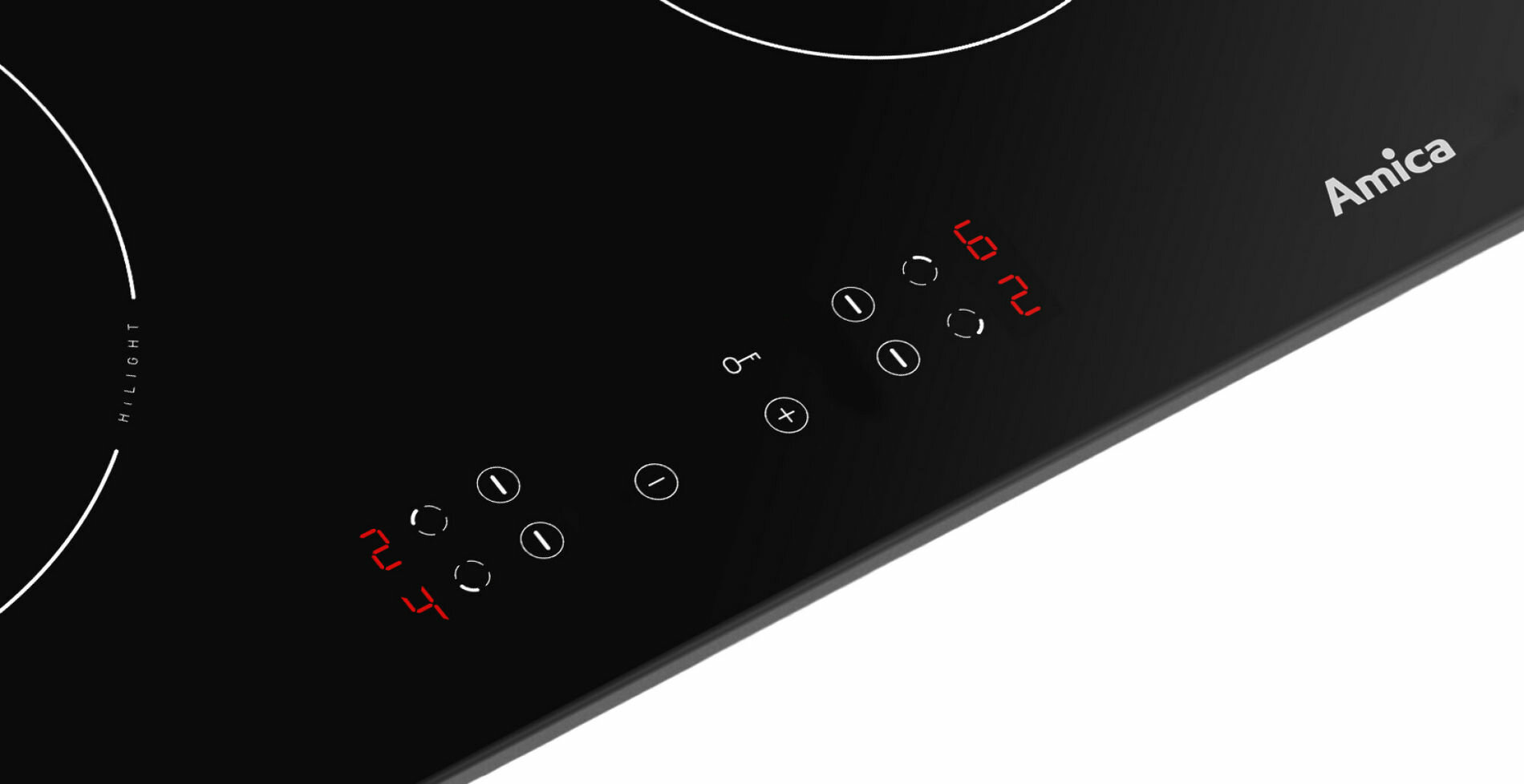 Zbliżenie czarnej płyty indukcyjnej z czerwonymi cyframi i przyciskami oraz napisem "Amica".