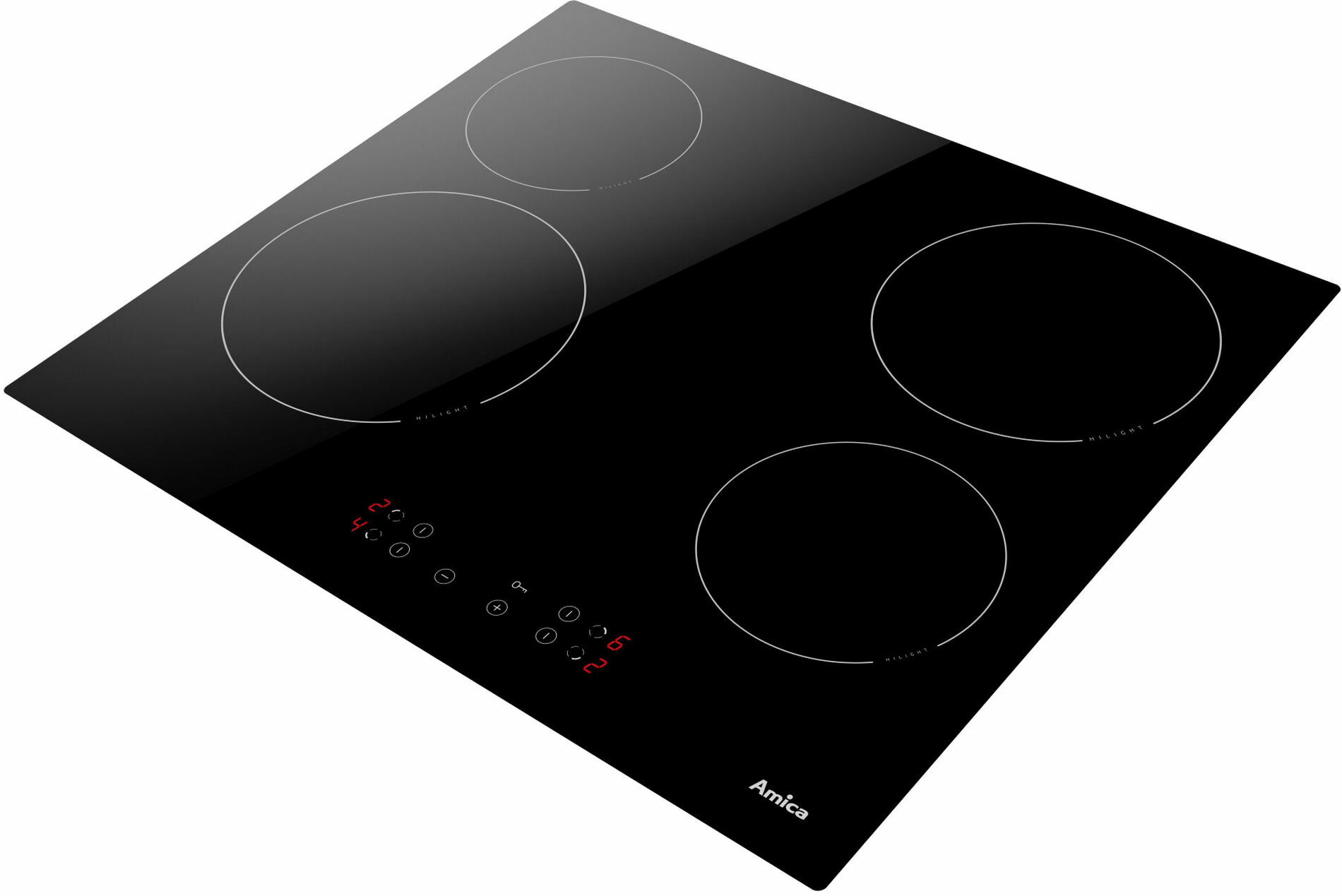 Czarna płyta grzewcza z czterema okrągłymi palnikami, czerwonym wyświetlaczem cyfrowym i elementami dotykowymi.