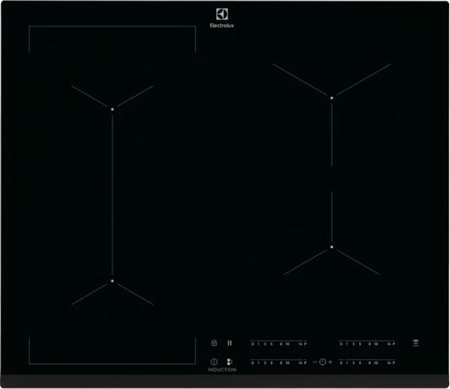 Czarna płyta indukcyjna z czterema palnikami. Electrolux wydrukowany na górze.