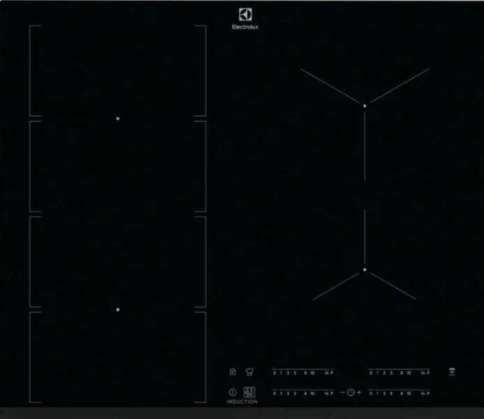 Czarna płyta indukcyjna Electrolux. Posiada cztery strefy gotowania. Czarne tło.