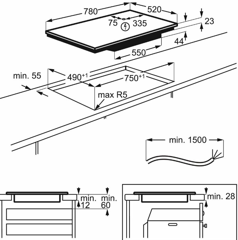 Rysunek techniczny czarnej płyty indukcyjnej, pokazujący wymiary i wycięcie.