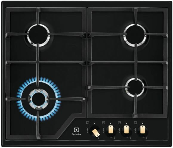 Czarna płyta indukcyjna z czterema palnikami, pokrętłami i ikoną płomienia.