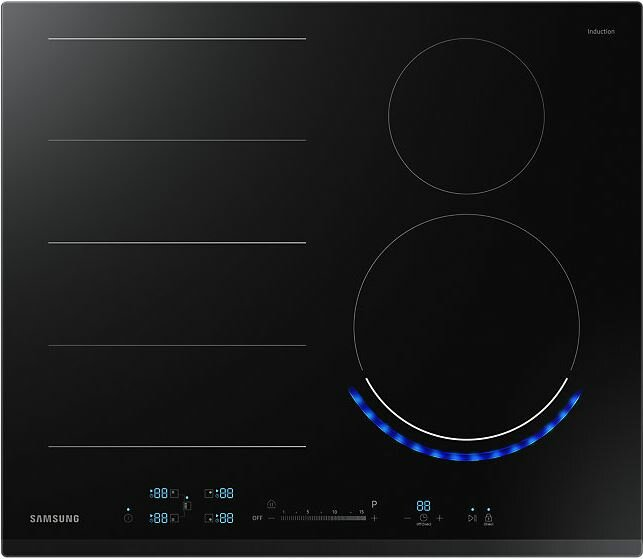 Czarna płyta indukcyjna z dwiema okrągłymi strefami grzewczymi i panelem sterowania na dole.