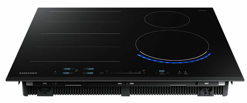 Czarna płyta indukcyjna Samsung z dwoma okrągłymi palnikami i wyświetlaczem cyfrowym. Panel sterowania z przodu.