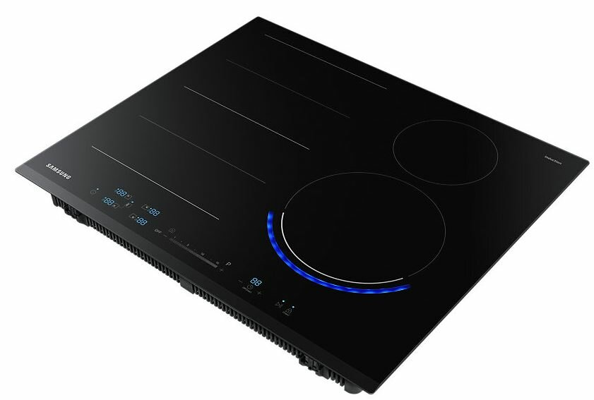 Czarna płyta indukcyjna z dwoma strefami gotowania, wyświetlaczami cyfrowymi i sterowaniem dotykowym.
