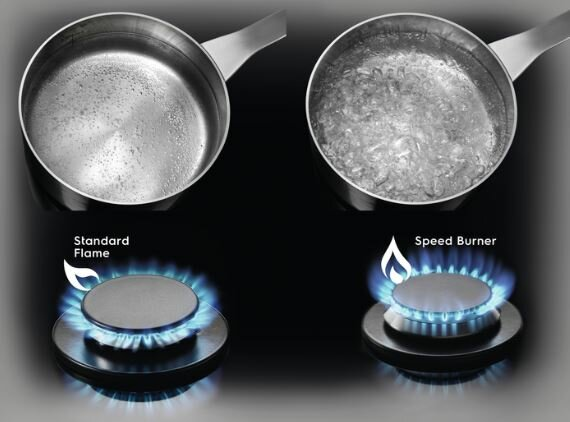 Dwa garnki z wodą, jeden z czystą wodą, drugi wrzący. Poniżej dwa palniki gazowe z płomieniami.