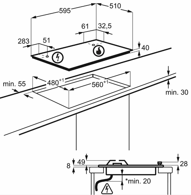 Schemat instalacji płyty grzewczej, pokazujący wymiary i wymagania dotyczące wycięcia.