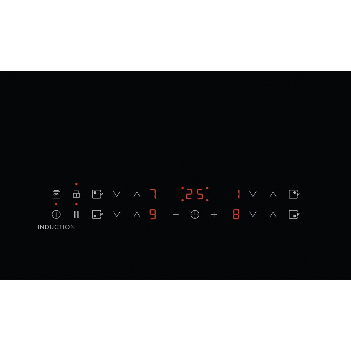 Zbliżenie czarnego panelu sterowania płyty indukcyjnej z wyświetlonymi liczbami i symbolami.