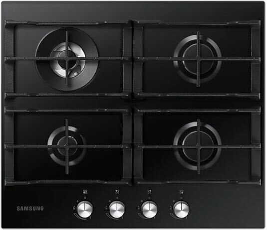 Czarna płyta gazowa z czterema palnikami. Srebrne pokrętła znajdują się z przodu.