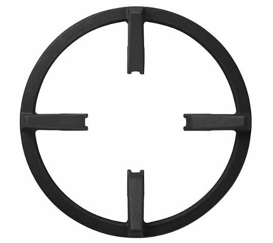 Czarny, metalowy ruszt palnika o okrągłym kształcie i czterech ramionach podporowych.