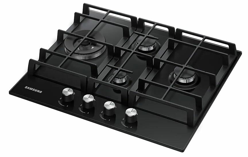 Czarna płyta gazowa Samsung z czterema palnikami i pokrętłami. Chromowane podpory.