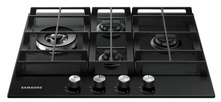 Czarna płyta gazowa z trzema palnikami i pokrętłami.