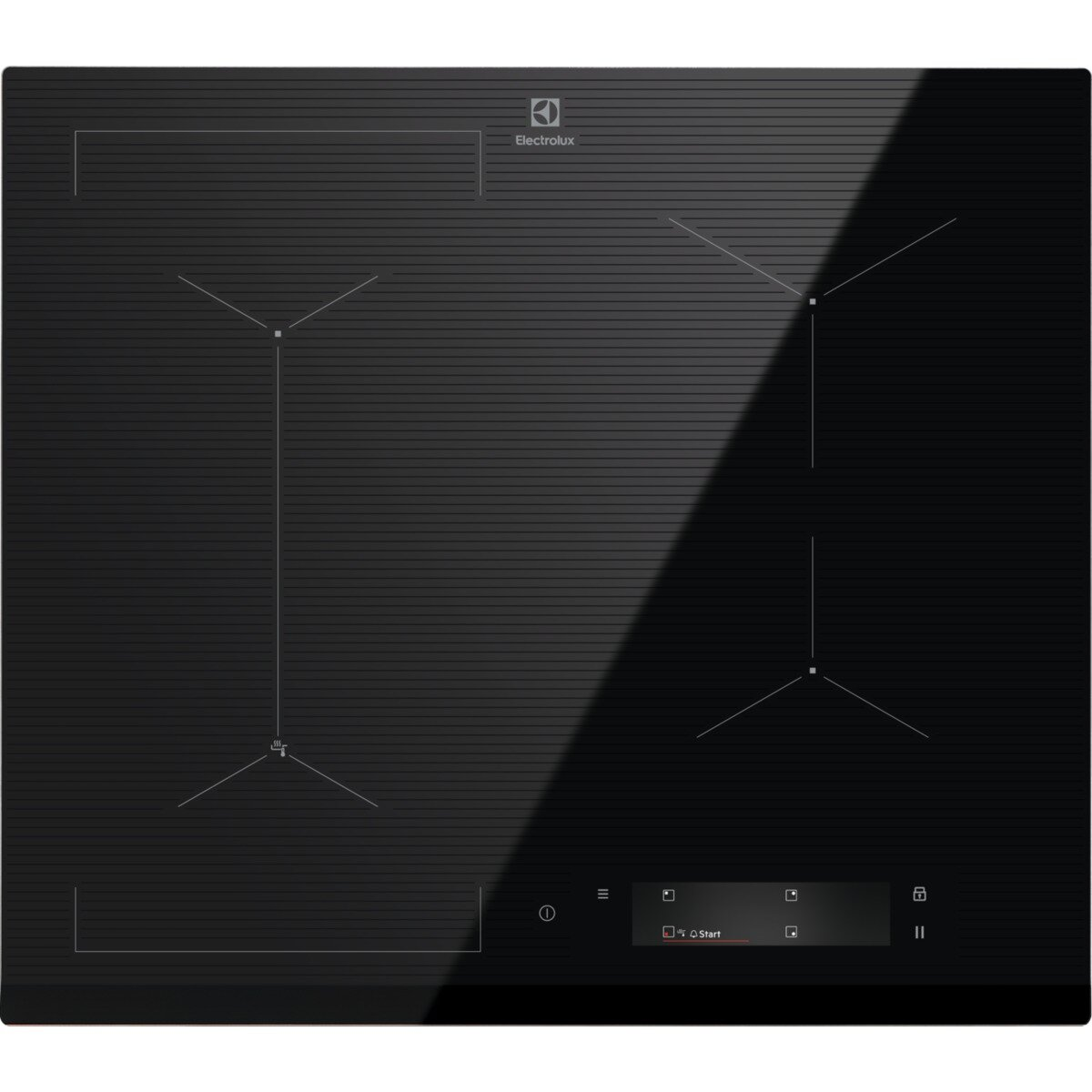Czarna płyta indukcyjna z czterema strefami gotowania, dotykowymi elementami sterowania i logo Electrolux.