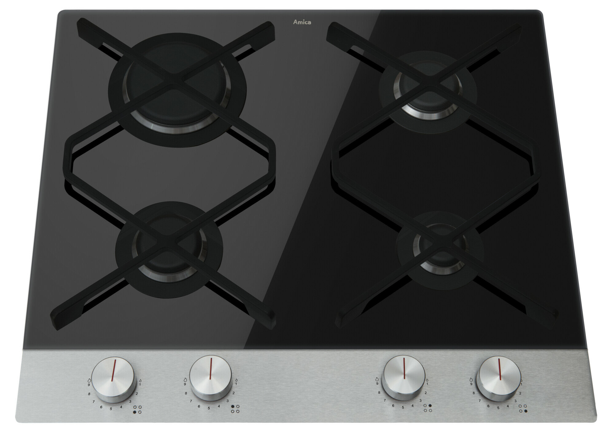 Czarna płyta gazowa Amica. Ma cztery palniki i srebrne pokrętła.
