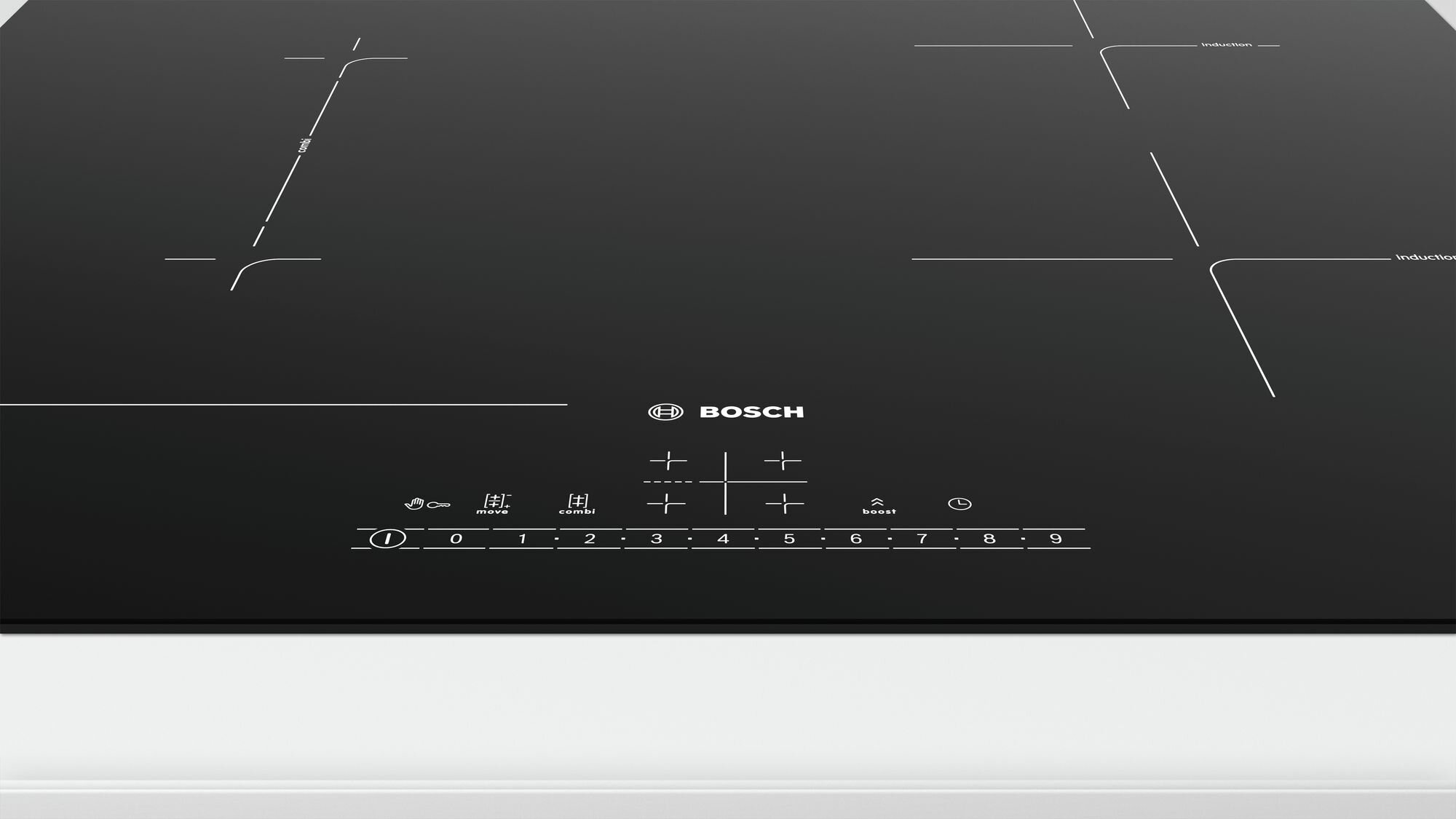 Czarna płyta indukcyjna z białymi liniami i logo Bosch.
