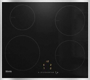 Czarna płyta elektryczna z czterema okrągłymi strefami gotowania. Widoczne logo Miele i wyświetlacz sterowania.