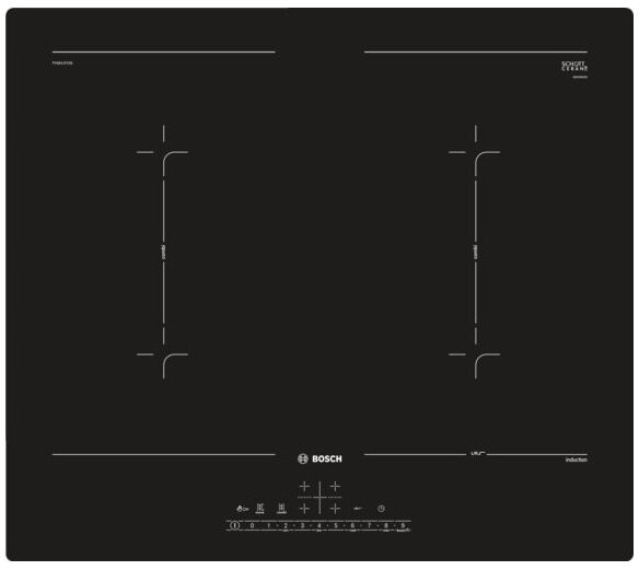 Czarna płyta indukcyjna z czterema strefami gotowania i sterowaniem dotykowym. Widoczna marka Bosch.