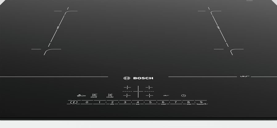 Czarna płyta grzewcza Bosch, z dotykowymi elementami sterowania i numerowanymi ustawieniami mocy.