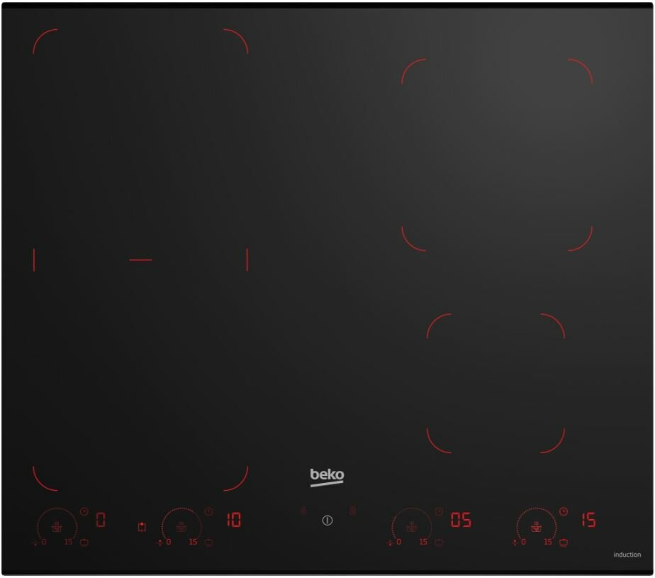 Czarna płyta indukcyjna z czterema strefami gotowania. Widoczne czerwone wskaźniki.