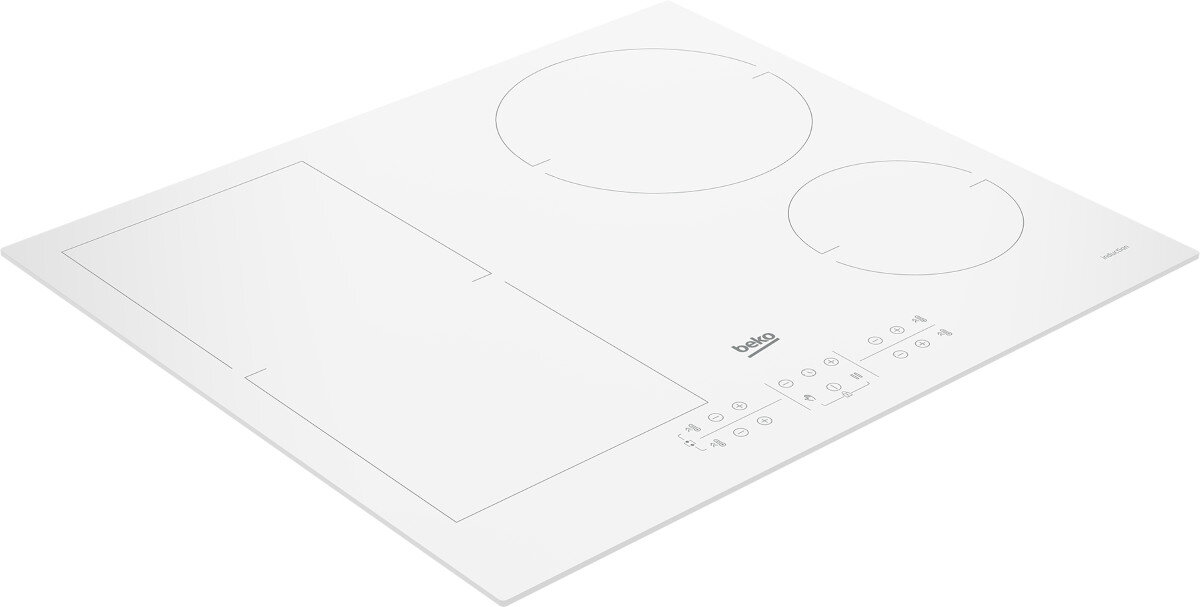 Biała płyta indukcyjna z trzema strefami gotowania i przyciskami sterowania.
