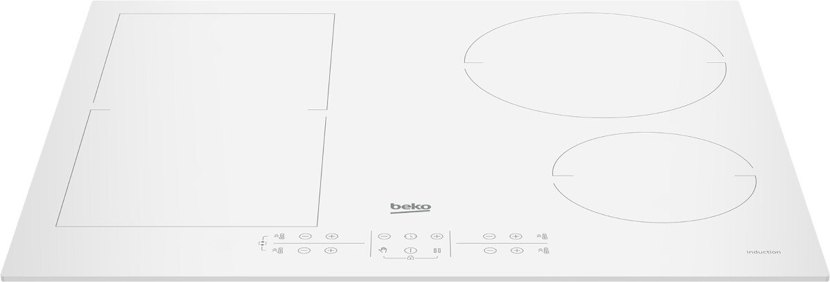 Biała płyta indukcyjna Beko z trzema strefami gotowania i sterowaniem dotykowym.
