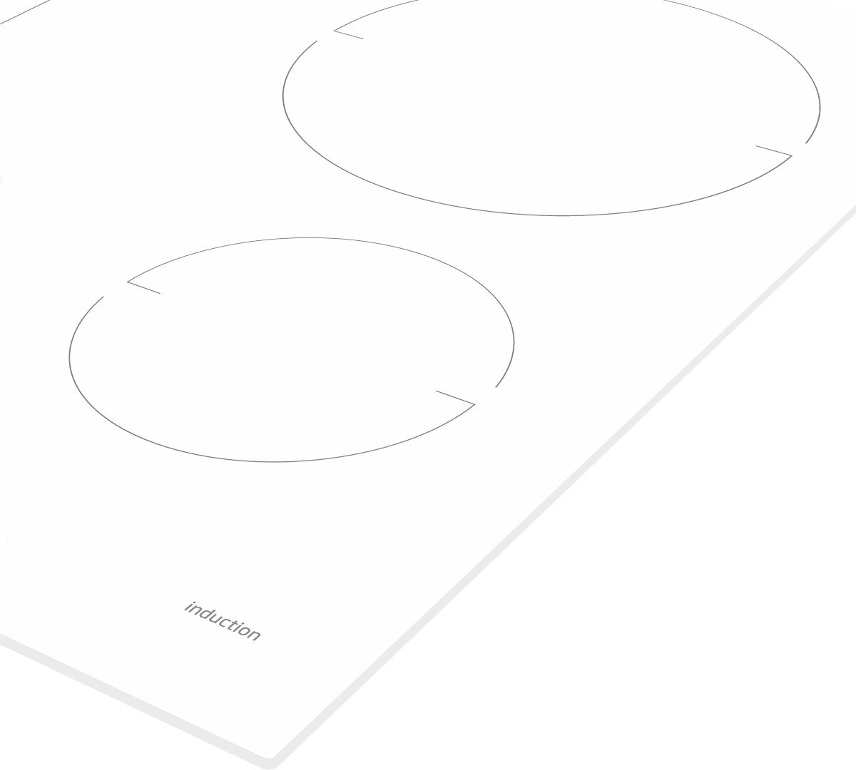 Biała płyta indukcyjna z dwoma strefami gotowania i etykietą indukcyjną.