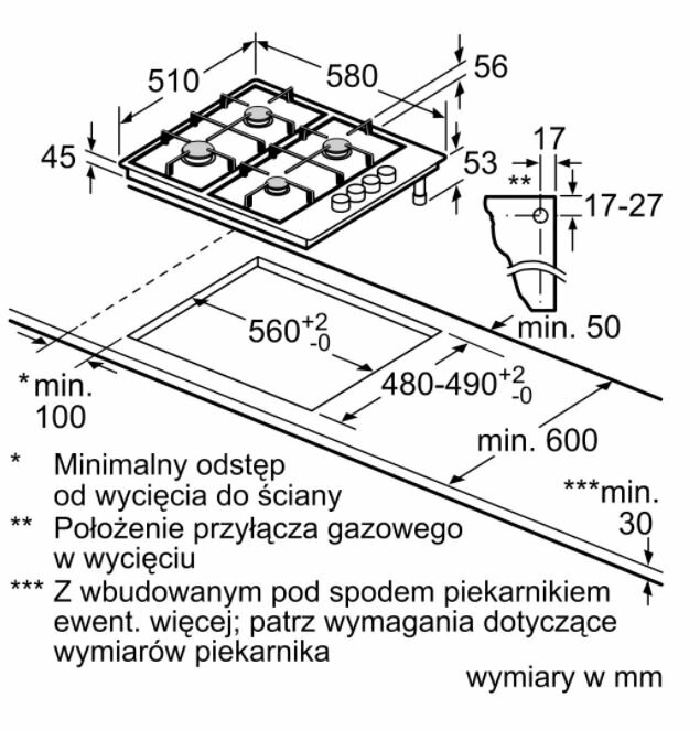 Schemat płyty gazowej z wymiarami. Płyta ma cztery palniki i pokrętła sterowania.