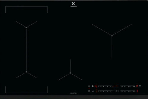 Czarna płyta indukcyjna z czterema strefami gotowania. Dotykowe sterowanie na dole. Marka Electrolux.