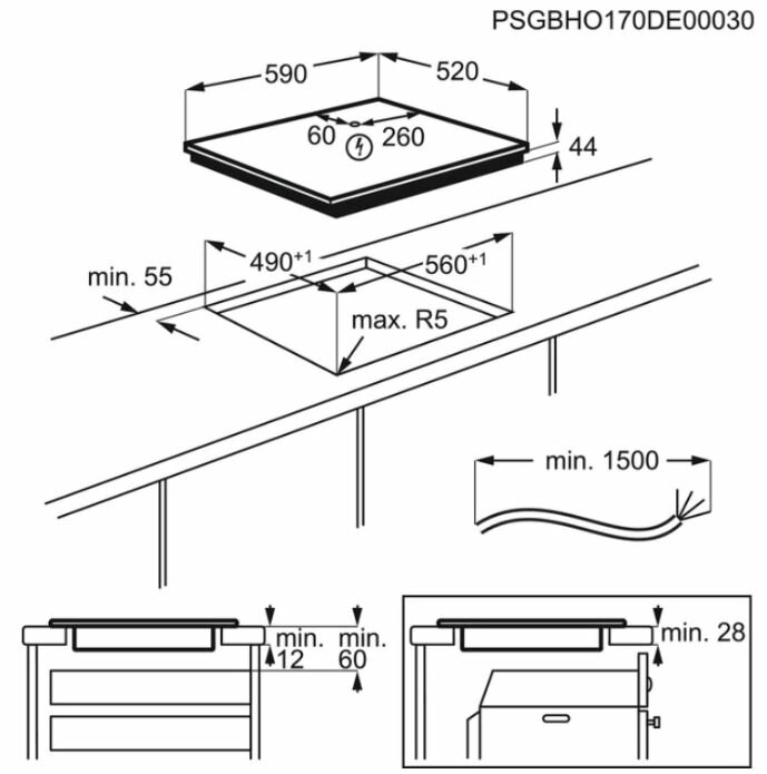 Schemat płyty indukcyjnej z wymiarami i instrukcją instalacji.
