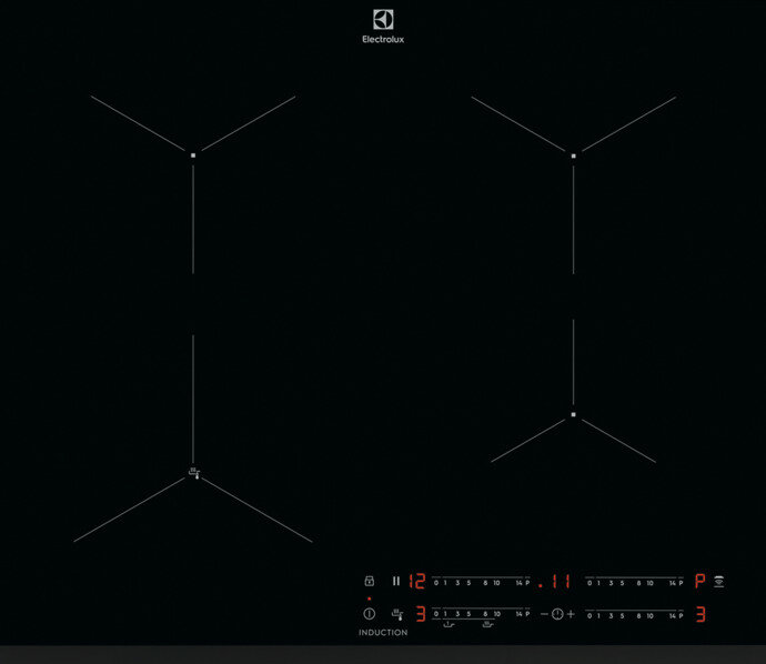 Czarna płyta indukcyjna z czterema strefami gotowania, białymi oznaczeniami i logo indukcji.