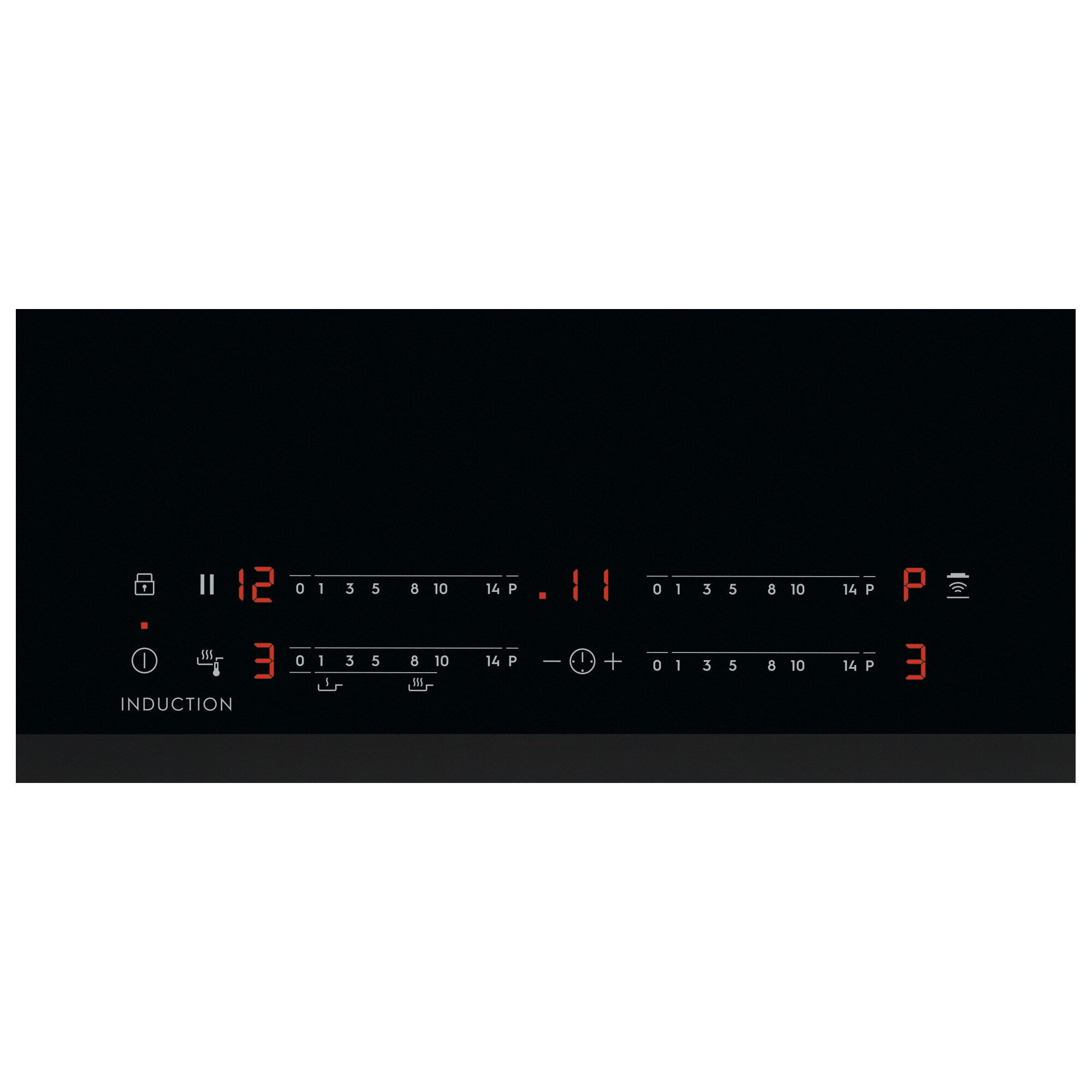 Płyta indukcyjna z elementami sterowania dotykowego i wyświetlaczem cyfrowym.