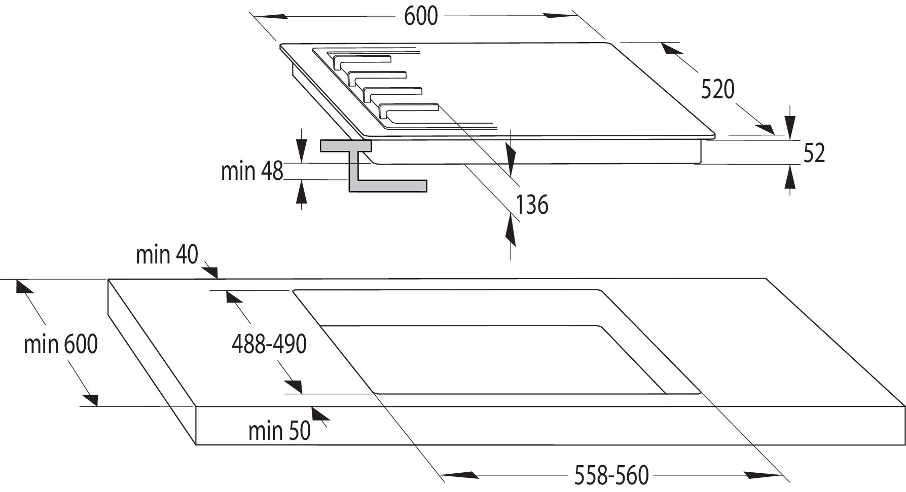 Rysunek techniczny płyty grzewczej z wymiarami. Widok z góry pokazuje 600x520mm. Widok z dołu szczegółowo wycięcie. Wymiary w mm.
