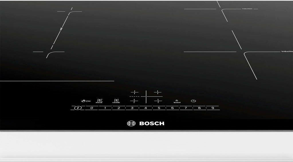 Czarna płyta grzewcza Bosch z białymi oznaczeniami i sterowaniem dotykowym, cyframi 0-9 i logo Bosch.