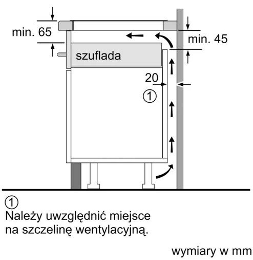 Diagram przedstawiający widok z boku płyty grzewczej z wymiarami i szczegółami szczeliny wentylacyjnej.