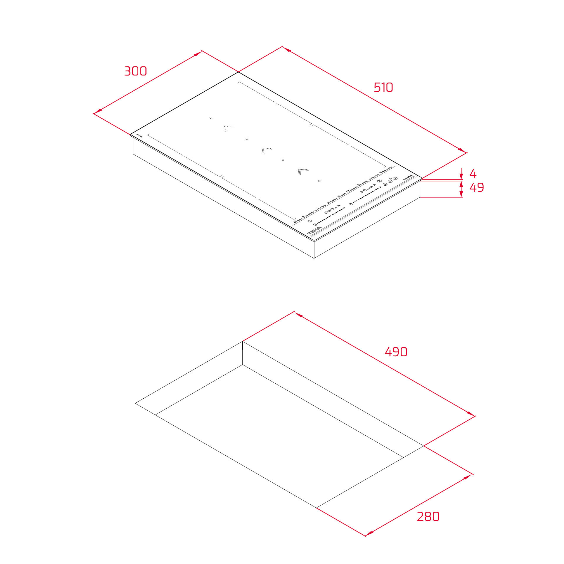 Schemat płyty grzewczej z wymiarami: 510x300x49mm. Poniżej prostokąt o wymiarach 490x280mm.