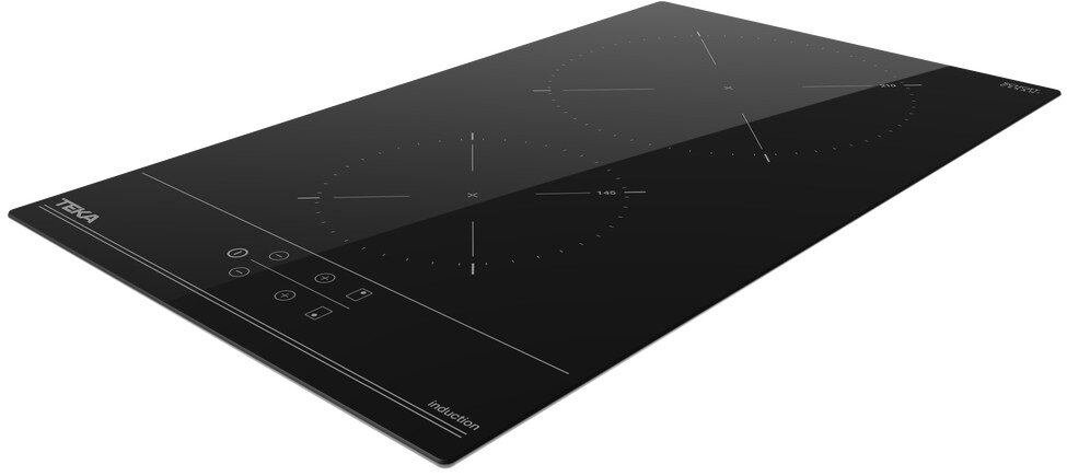 Czarna płyta indukcyjna z dwoma palnikami. Posiada sterowanie dotykowe i logo Teka. Widoczne jest słowo 'induction'.