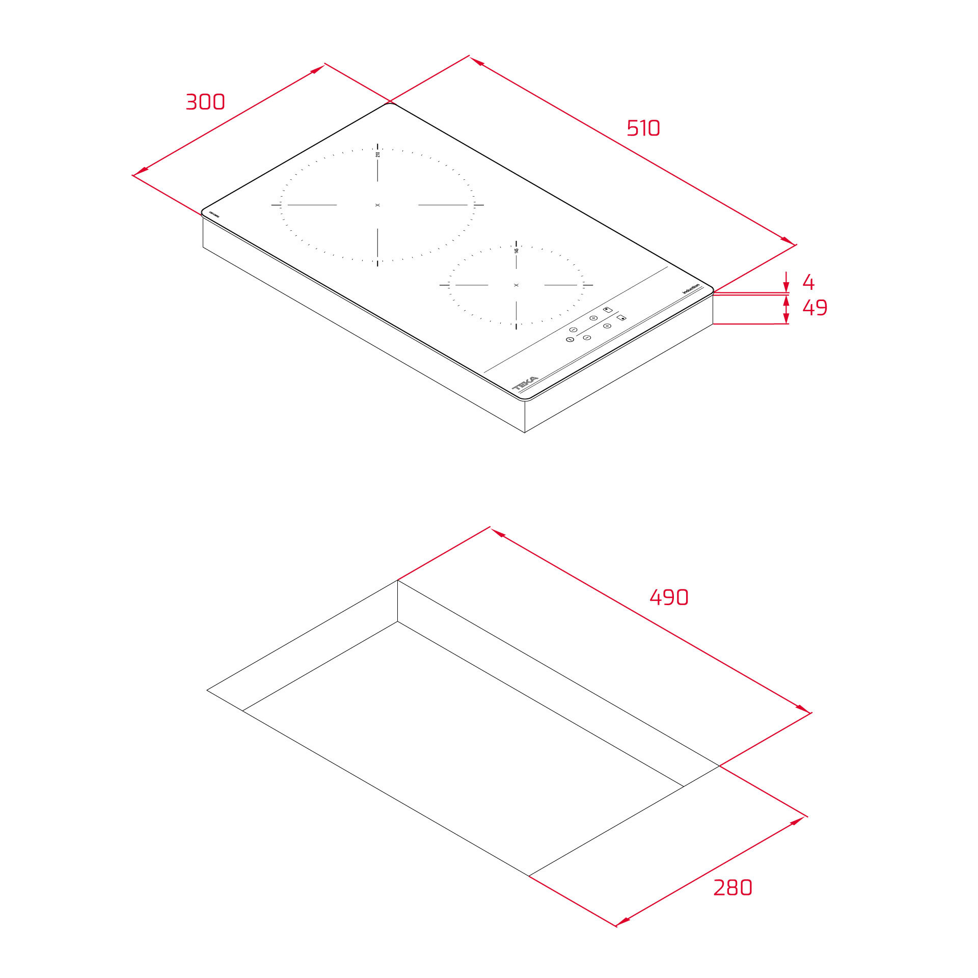 Schemat płyty grzejnej z wymiarami na czerwono. Widoczne są dwa palniki oraz prostokątny zarys poniżej.