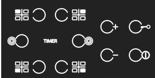 Czarny panel sterowania płyty grzejnej z funkcjami timera wyświetlanymi w białych ikonach.
