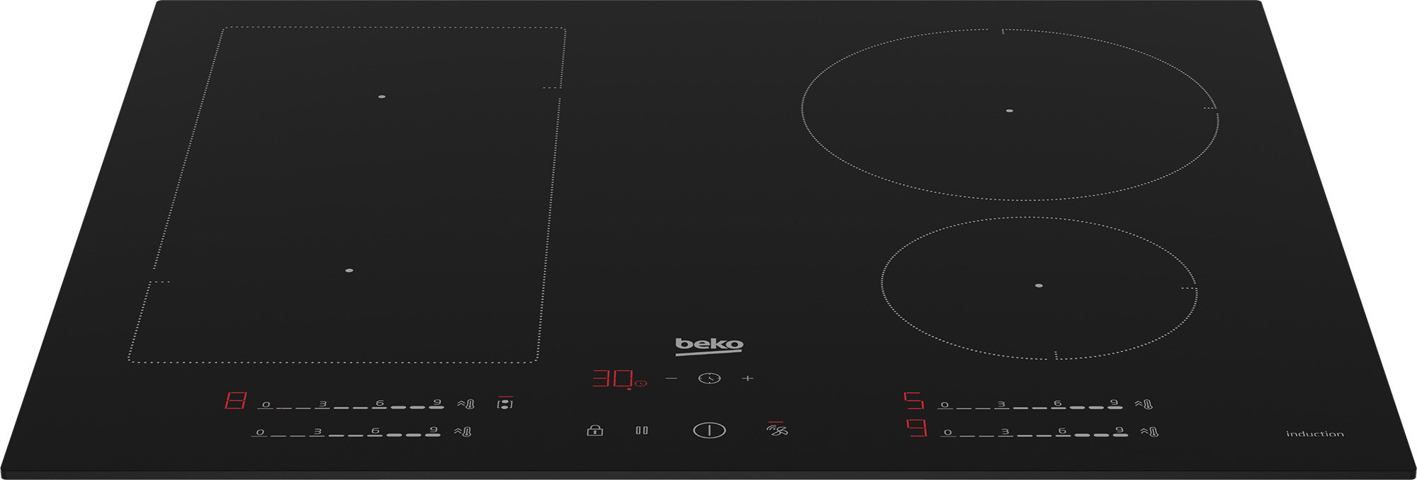 Czarna płyta indukcyjna z trzema strefami gotowania. Wyświetlacze cyfrowe pokazują poziomy mocy. Beko.