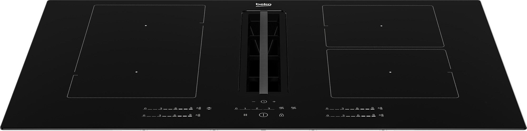 Czarna płyta indukcyjna z czterema strefami gotowania. Widoczna marka Beko. Sterowanie dotykowe.