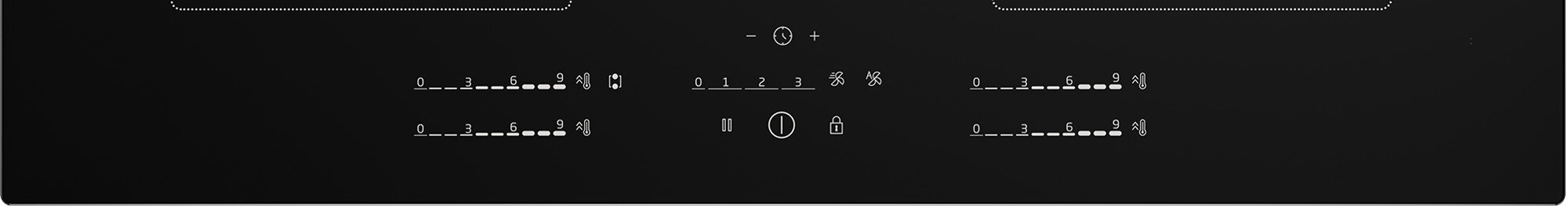 Czarny panel sterowania z białymi oznaczeniami i ikonami na czarnej powierzchni.