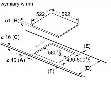 Schemat pokazujący wymiary wycięcia pod płytę grzewczą. Wymiary podane są w milimetrach.