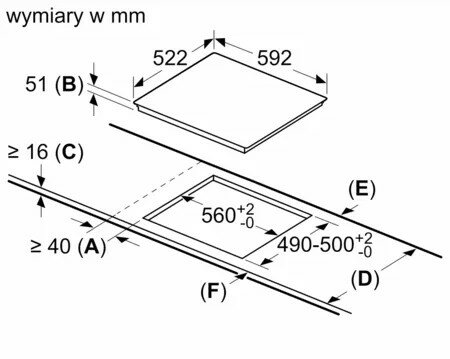 Schemat z wymiarami w mm dla płyty grzejnej, pokazujący pomiary i kontury.