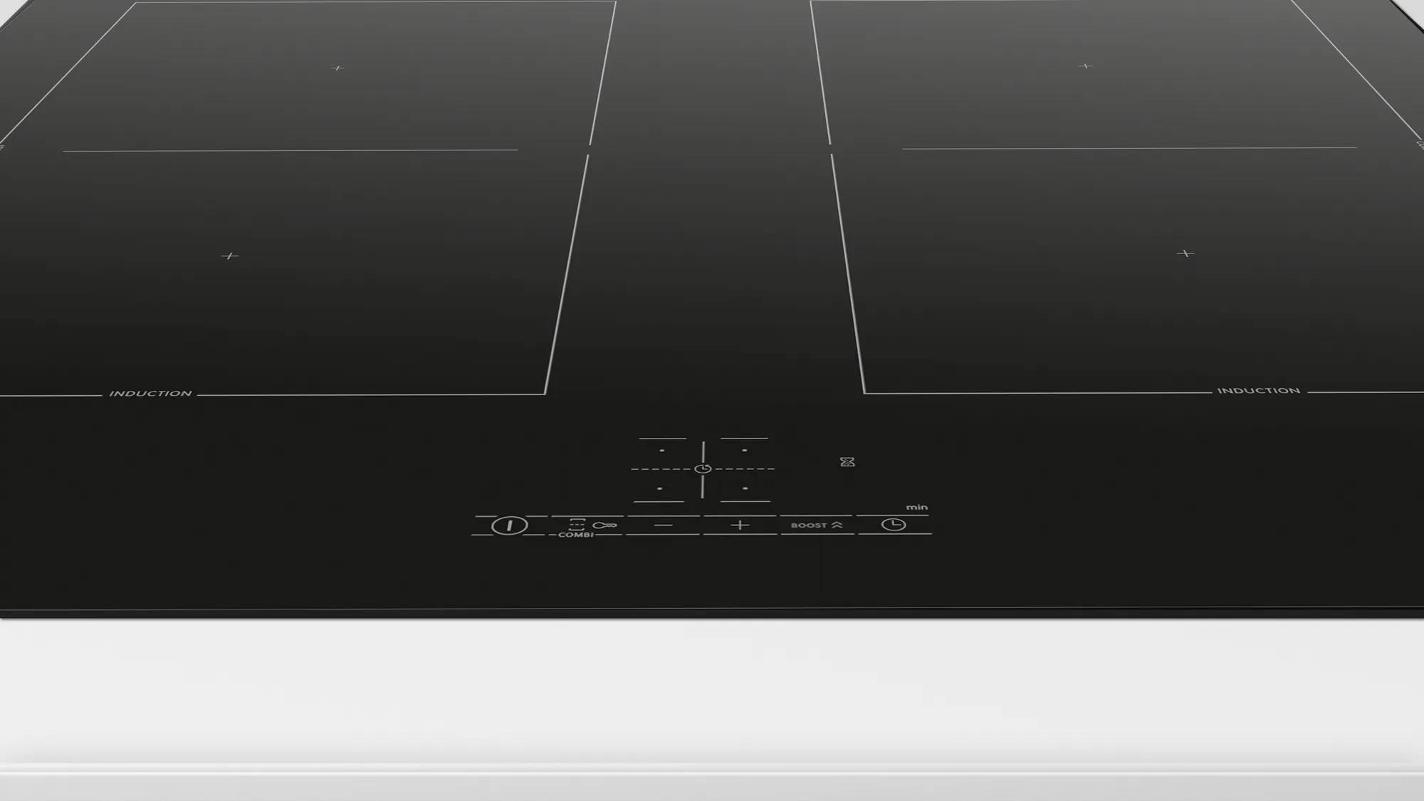 Zbliżenie czarnej płyty indukcyjnej z panelem sterowania i oznaczeniami indukcji.