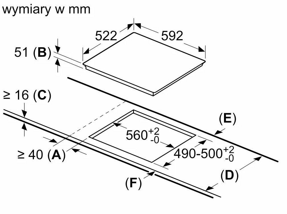 Schemat przedstawiający wymiary i wymagania dotyczące wycięcia dla instalacji płyty grzewczej.