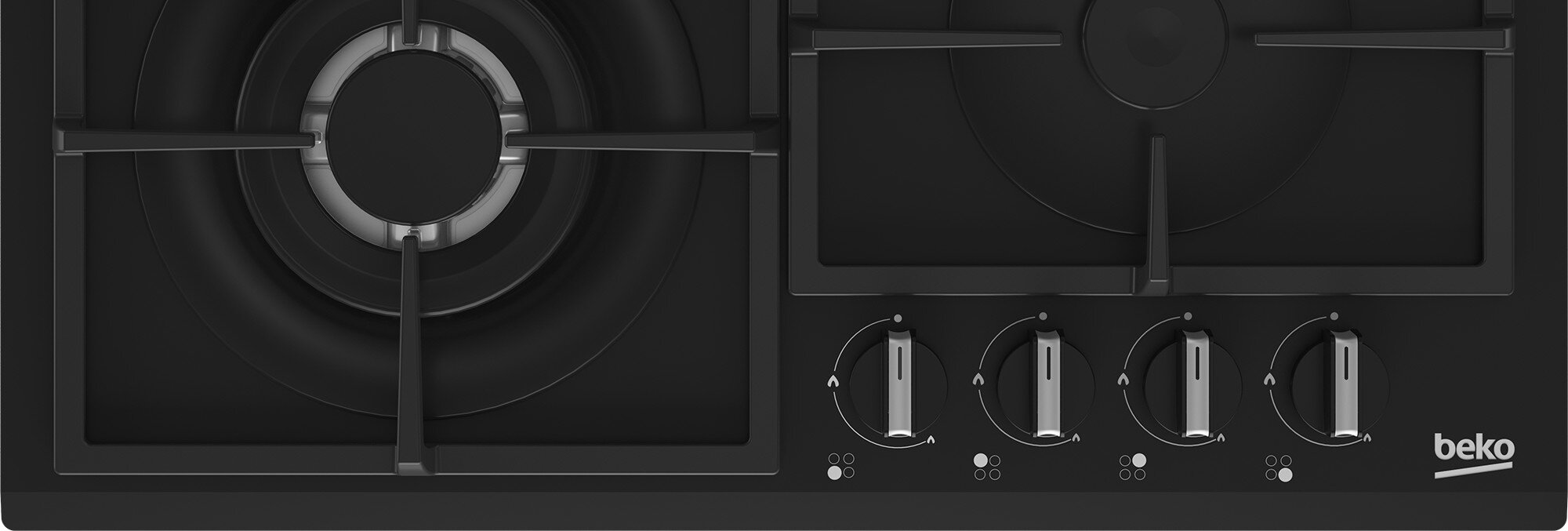 Czarna płyta gazowa z czterema pokrętłami i logo Beko.