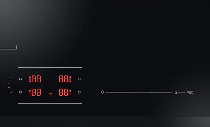 Zbliżenie czarnej płyty grzejnej z czerwonymi wyświetlaczami pokazującymi 88, 88, 88 i 88.