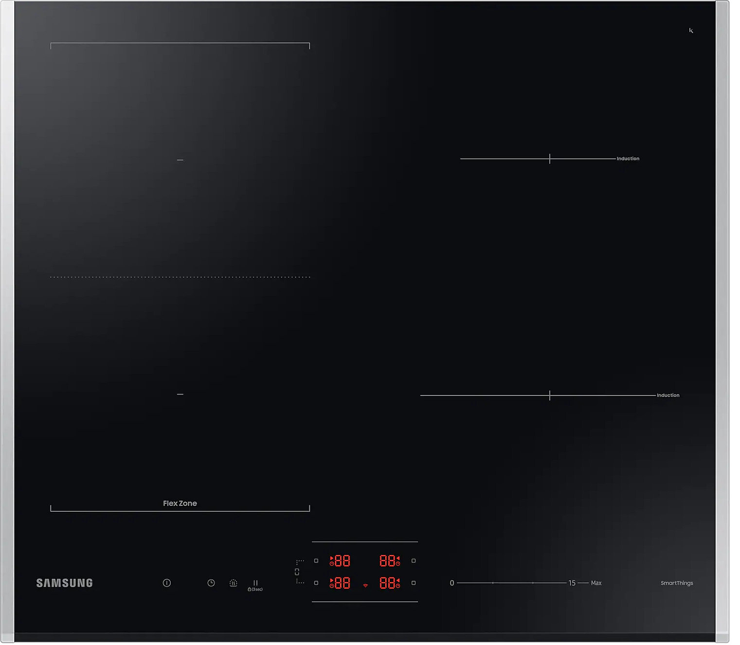 Czarna płyta indukcyjna Samsung z czterema strefami gotowania i sterowaniem dotykowym.