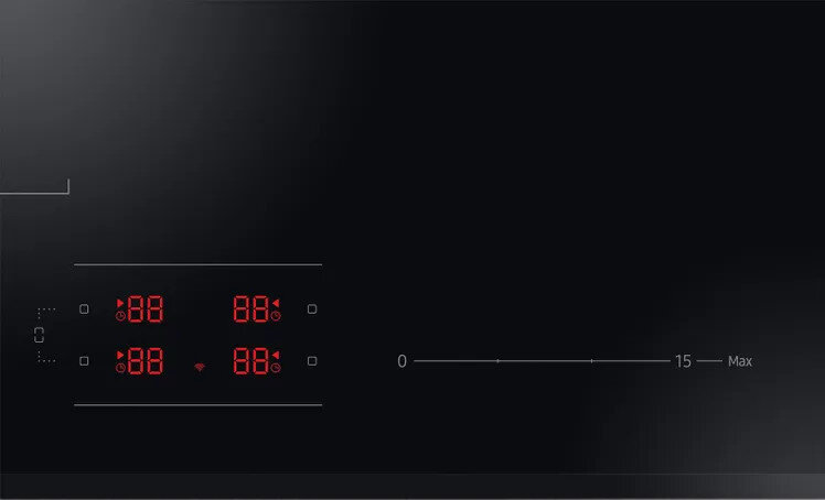 Czarna płyta indukcyjna z czerwonymi wyświetlaczami cyfrowymi i oznaczeniami sterowania.